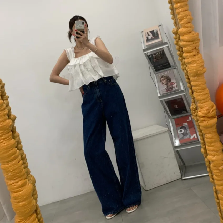 High Waist Super Lengthening Leg Effect Jeans Casual Style Straight Leg Blue Denim High Waist Long Pants Cotton 100%