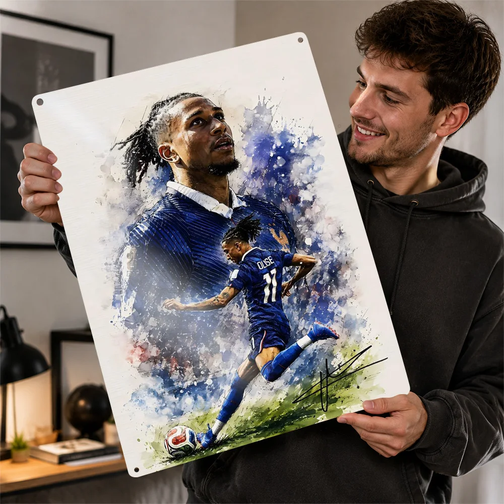 Michael Olise France Soccer Watercolor Portrait 3D Printed Texture Poster Personalized Wall Art Retro Metal Tin Signs for Decor