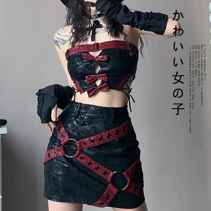 Imagem -03 - Japonês Harajuku Meninas de Cintura Alta Gótico Preto Vermelho Splicing Saias Moda Kawaii Menina Quente Saias da Motocicleta Terno Novo