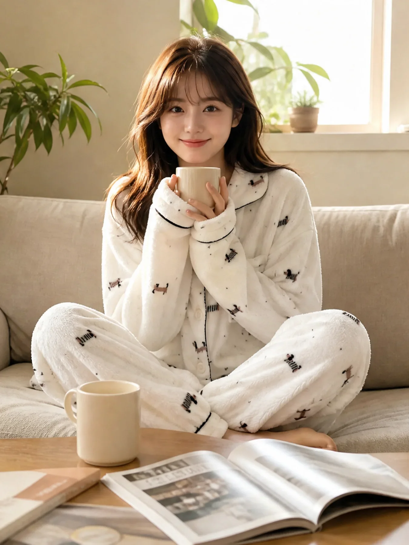 Women's Thick Coral Fleece Pajamas Set Autumn Winter Warm Flannel Fleece Sleepwear Suit Dachshund Print Soft Casual Home Clothes