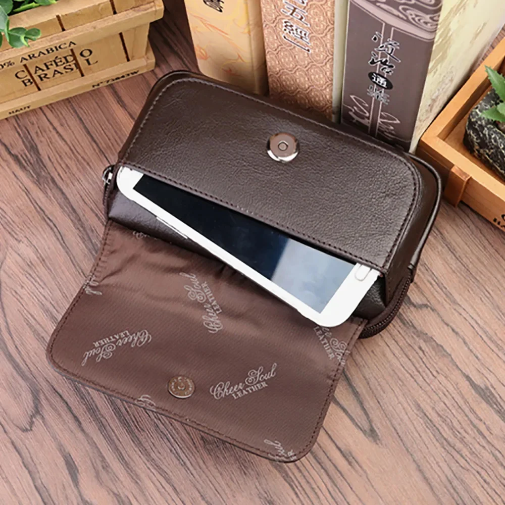 Riñonera de cuero genuino para hombre, bolso de cintura de negocios, Funda de cuero de vaca, bolsillo para teléfono celular de 6 pulgadas, paquete de cinturón de diseñador, monedero