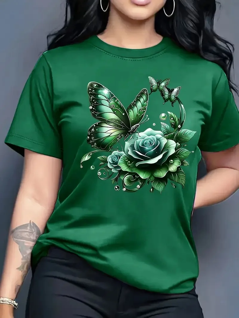 T-shirt décontracté à manches courtes et col rond pour femme, imprimé papillon rose, cadeau d'anniversaire ou de vacances idéal pour les sports de plein air