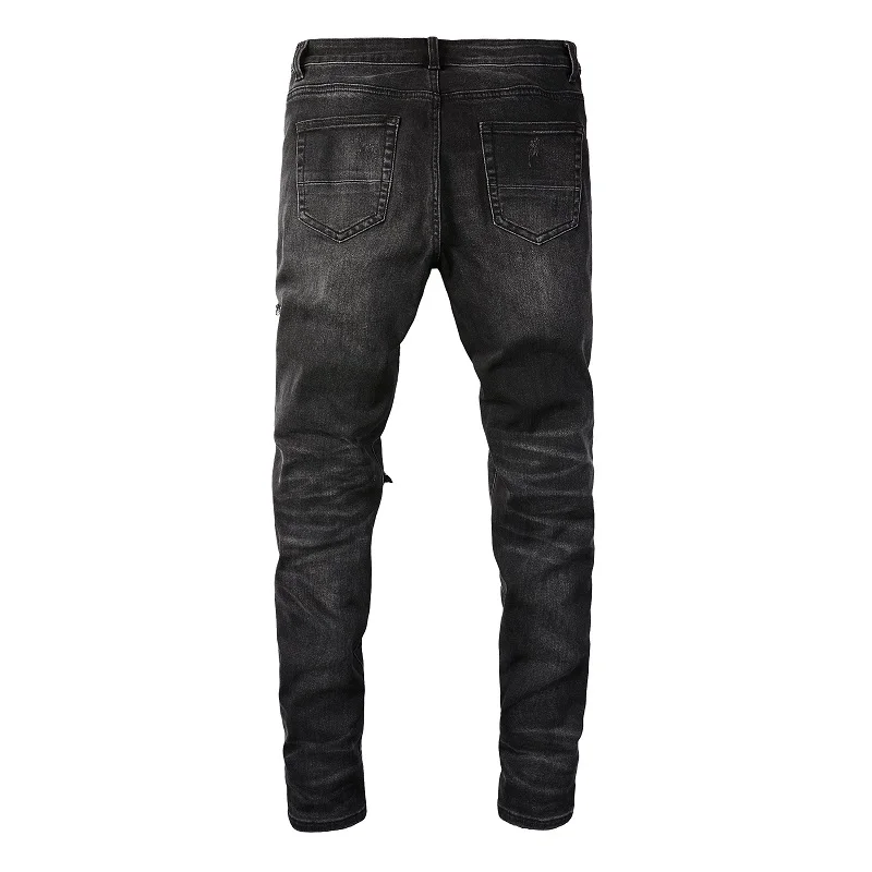 Men's High Street Distressed Pink Leather Ribs Patchwork Holes Stretch Slim Fit Streetwear Designer Ripped Jeans