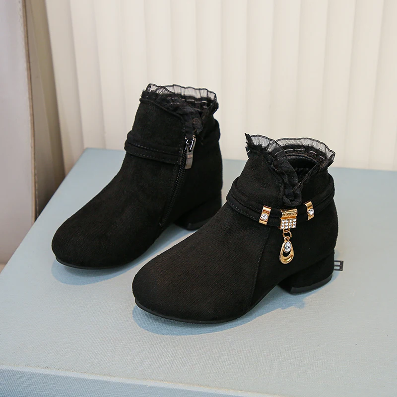 Girls Lace Ankle Boots Fall 2026 Kid's Black Kitten Heel Booties Children's School & Party Booties Big Kids (EU 327-38)