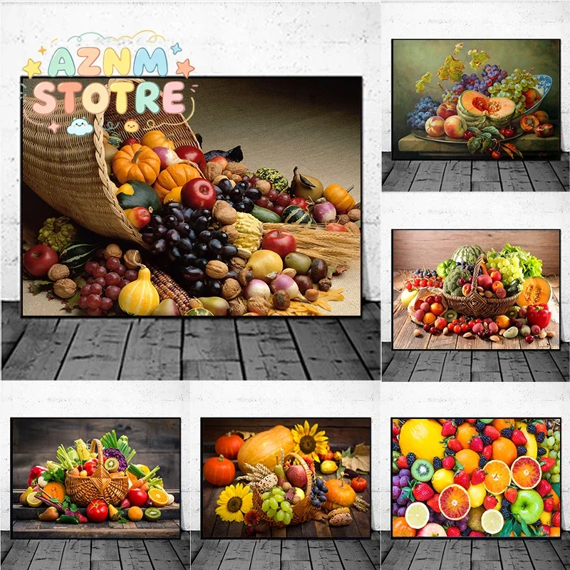 Nordic Vegetables and Fruits in Basket Poster Colorful Food Wall Art Canvas Painting For Dining Room Kitchen Decoration Cuadr