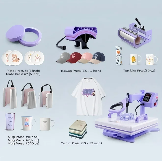 15icnhes Combo Heat Transfer Digital Machine 8 in 1 Sublimation Digital Machine for Hat Cap T-shirt Tumbler