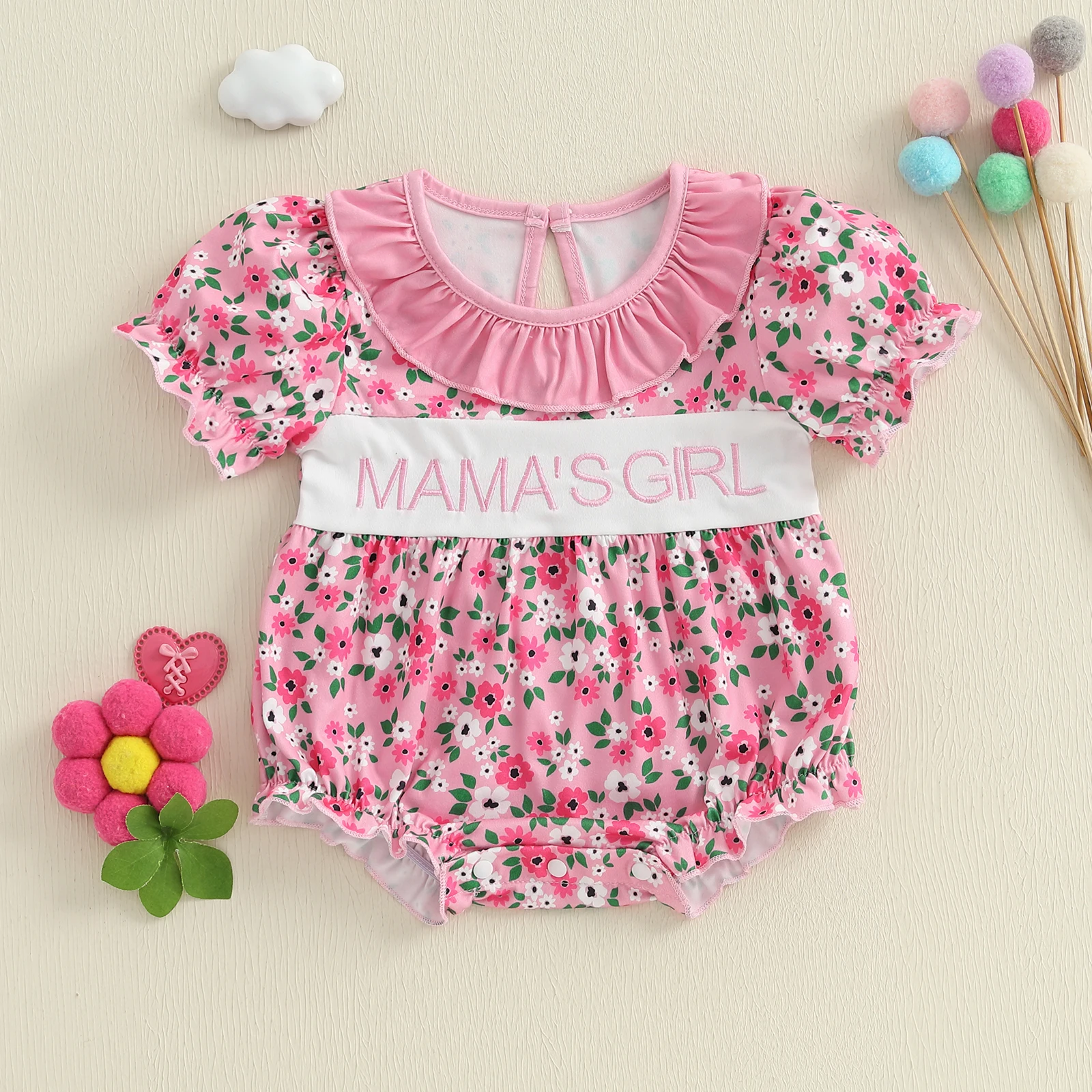 

0-18 Months Baby Girls Rompers Letter Embroidery Floral Print Ruffles Round Neck Short Sleeve Infant Bodysuits Jumpsuits