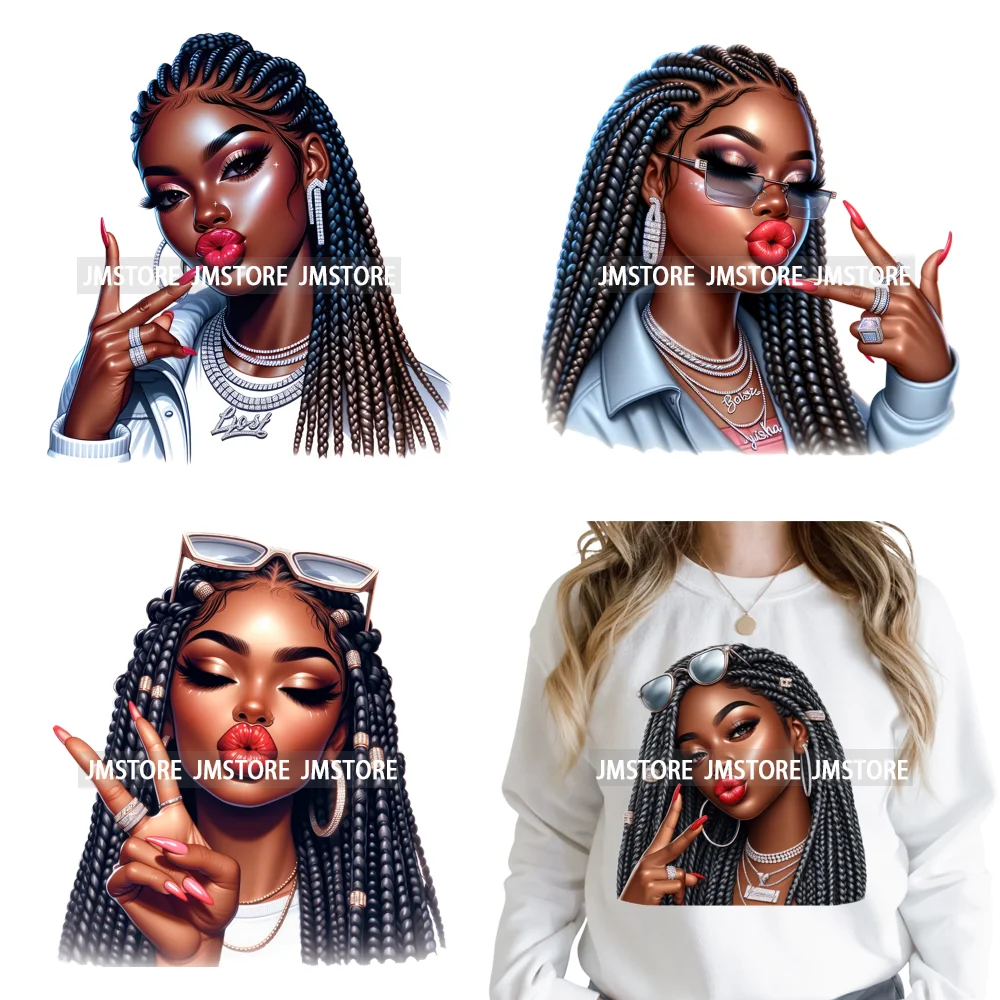 Cool Urban Hip Hop Afro Girls Women Kiss Peace Sign Iron on Washable DTF Heat Transfers Stickers Ready to Press for Clothing