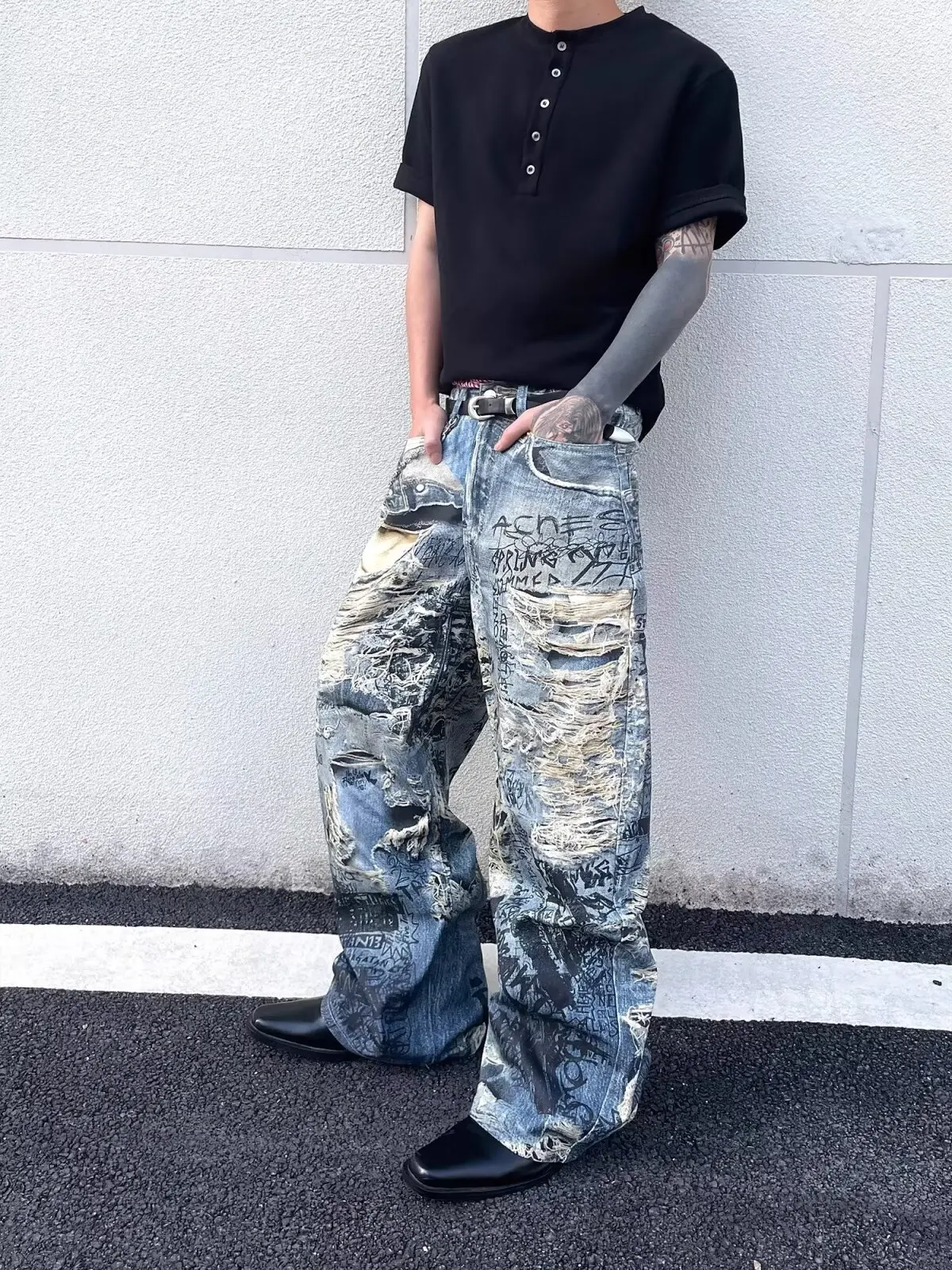 American High Street New Big Hole Dirty Dyed Jeans Female Y2K Harajuku Punk Popular Spice Girl Color Printing Extended Mop Pants