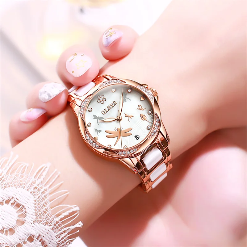 Olevs Dame Keramik Mode Uhr Frauen automatische mechanische Frauen Armbanduhren weibliche Kleider uhr relogio feminino 2024
