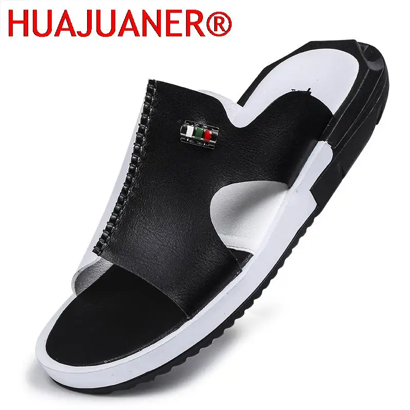 HUAJUANER Sandals Men Summer Slippers Fashion Peep Toe PU Flip Flops Shoes Male Outdoor Non-slip Flat Beach Slides Big Size