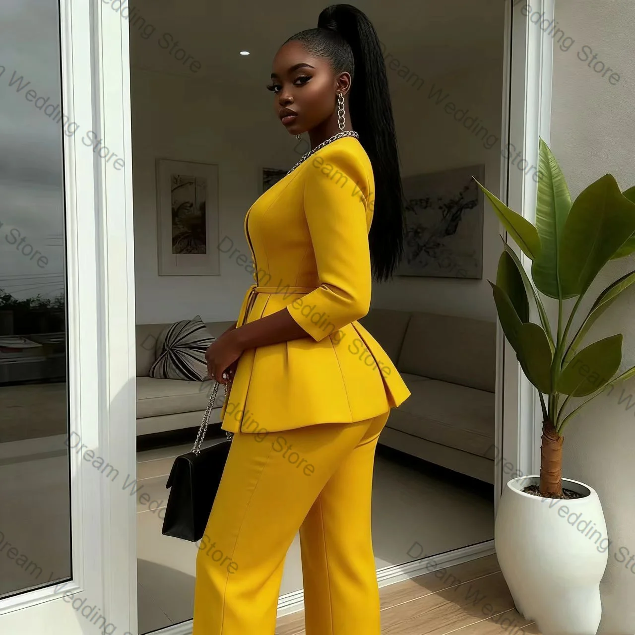 

Yellow Women Suit Set 2 Pcs Blazer+Pants Trousers Cotton Spring Formal Office Lady Jacket Customized Wedding Guest Coat