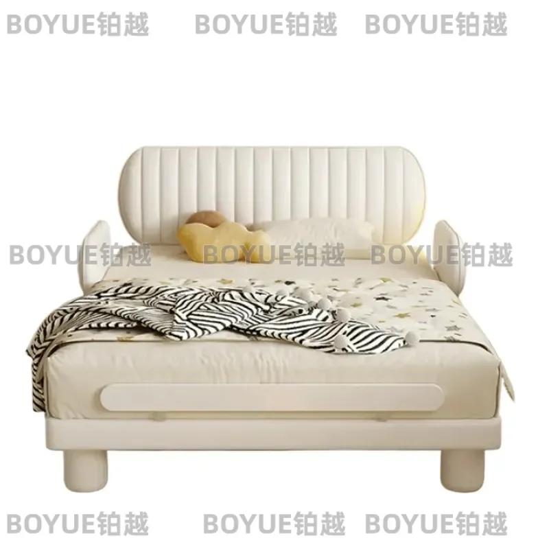 Cream Style Kids Bed with Guardrail Single Princess Bedroom Furniture for Boys Girls Small Apartment Space Saving Design