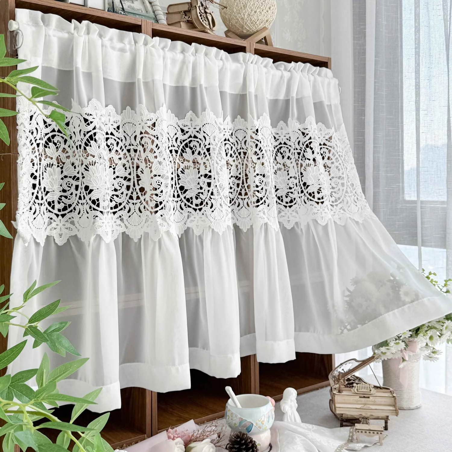French Vintage Hollow Flower Lace Sheer Curtains for Kitchen Small Window Panel Half Curtain, Rod Pocket Cafe Curtains