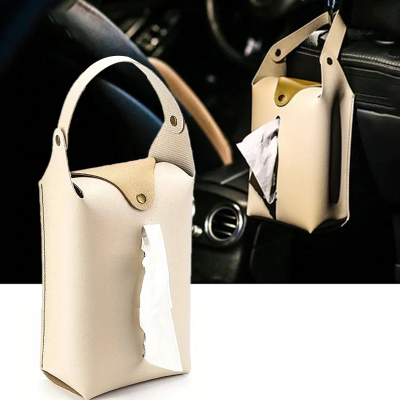 Car Tissue Box Holder Leather Car Console Armrest Napkin Box Visor Back Tissue Box With Retaining Strap