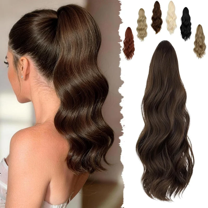 

Long Curly Wavy Clip In Claw Ponytail Extension – Medium Brown, Natural Look Synthetic Hairpiece for Women