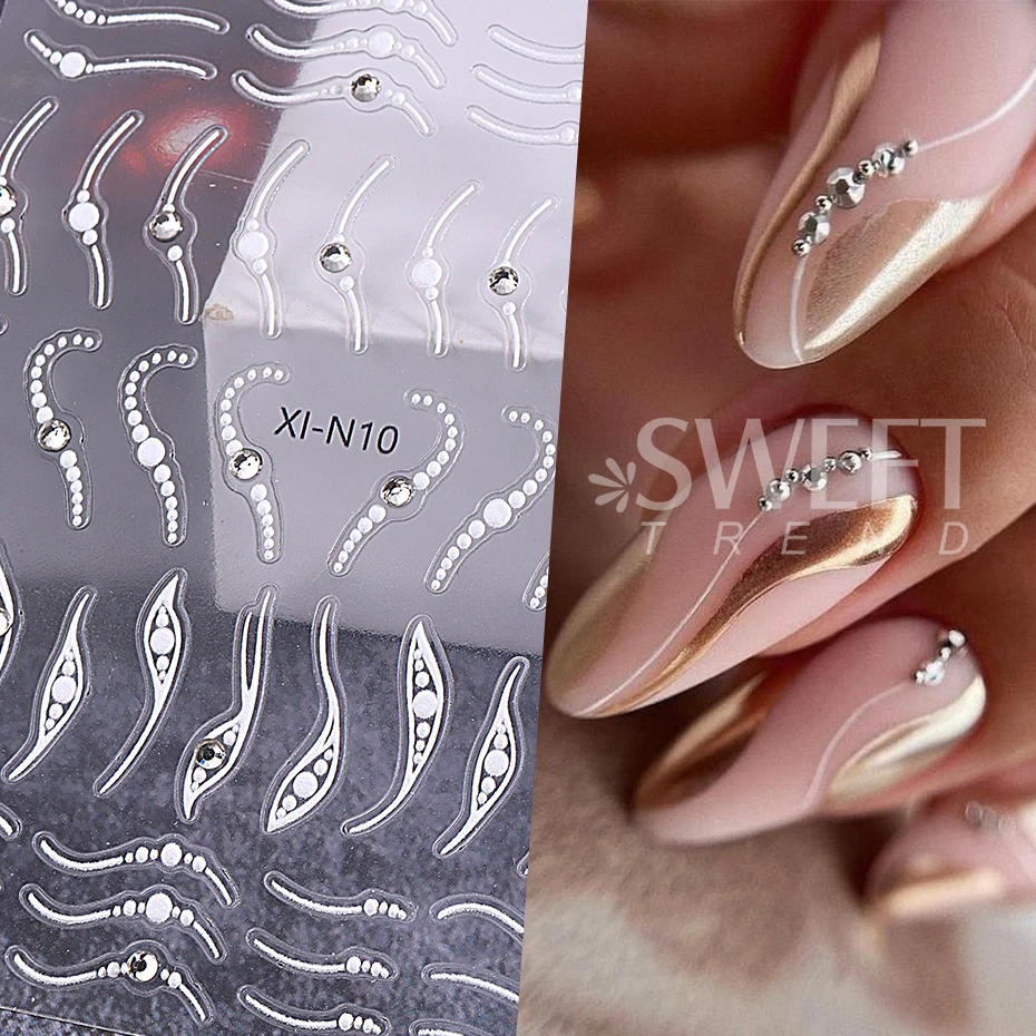 3D Rhinestones Gold Silver French Nail Art Stickers White Wave Simple Line Design Adhesive Slider Decals DIY Manicure Decoration