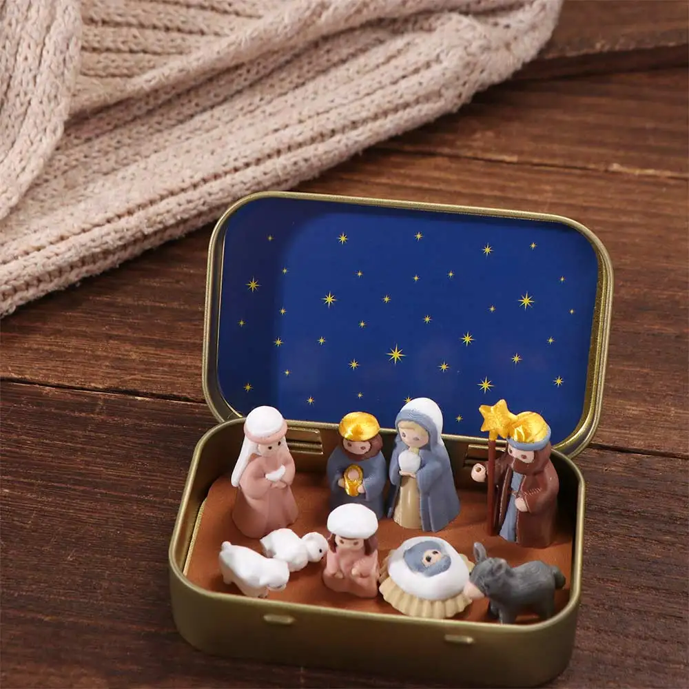 Metal Tin Box Mini Christmas Trough Set Hand Painted 3D Printed Xmas Manger Ornaments Shepherd Animal Holy Family