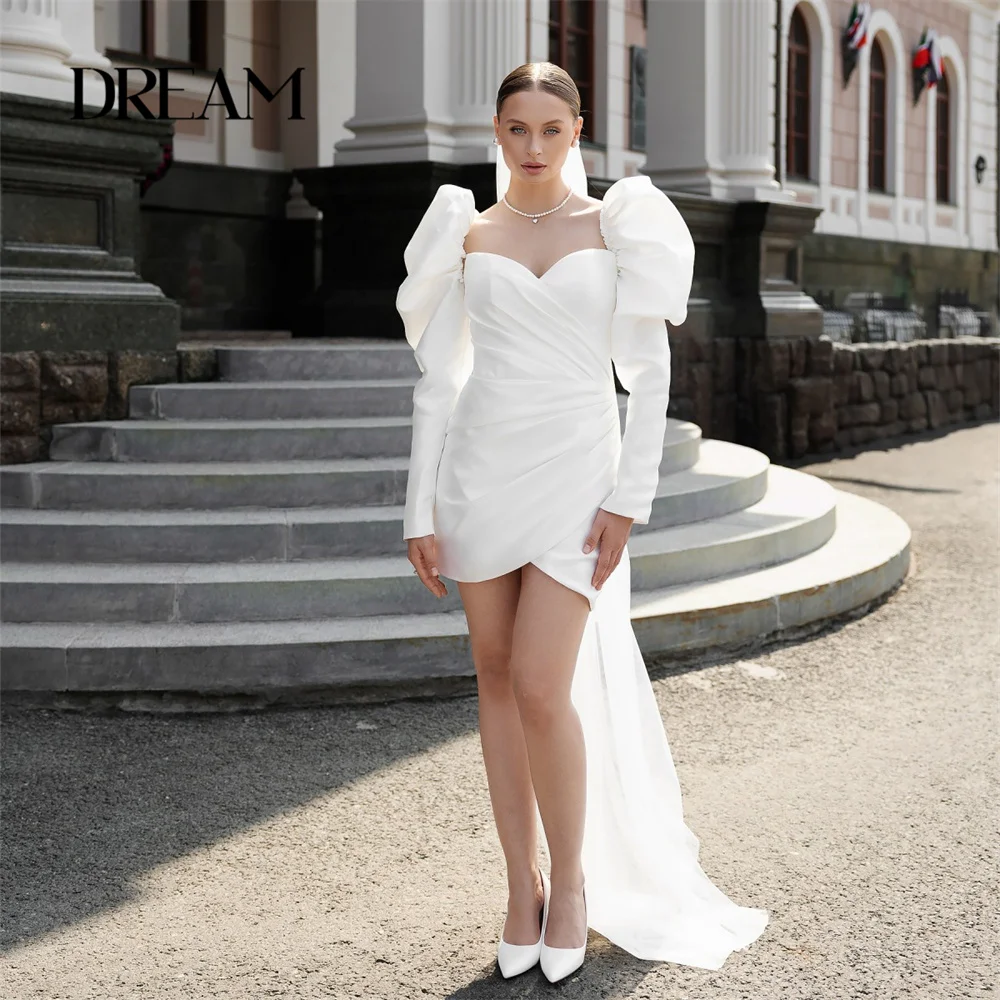 DREAM Elegant Pleat Short Sheath Wedding Dress Long Puff Sleeves Open Back Sweetheart Vestidos De Noiva Customized