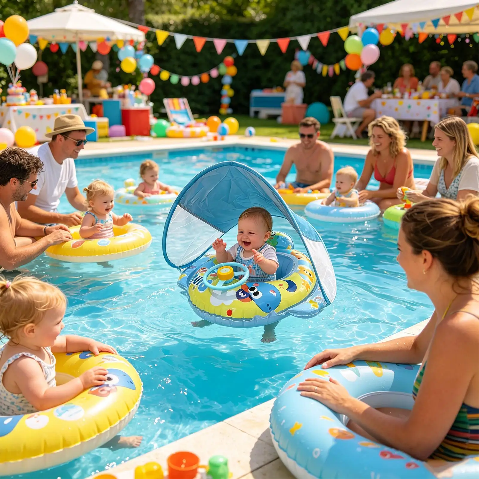PVC Upgraded Inflatable Baby Pool Float with Canopy and Anti-Tip Seat Float Swim Trainer Leak-proof for Toddler Aged 6-36 Months