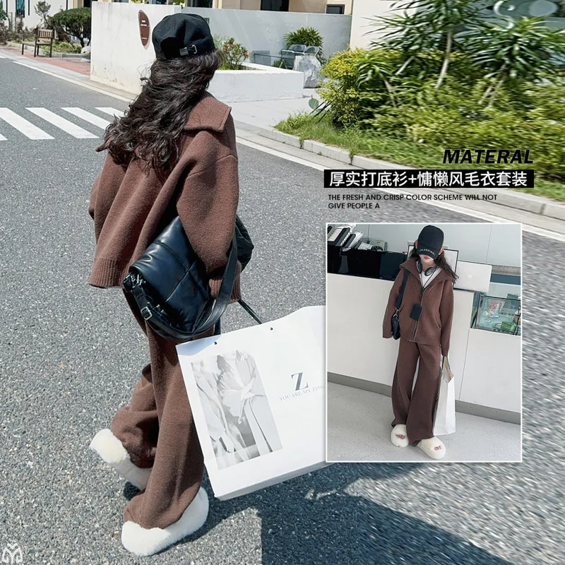 

autumn winter teen girl sweaters set zipper sweater jacket+wide-leg pants 2pc junior kid casual thick knitted suit child outfits
