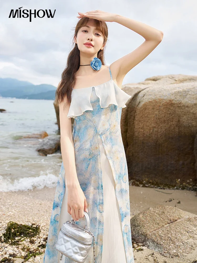 

MISHOW Printing Suspended Dress for Women 2023 Summer [Van Gogh Collection] Art A-line Square Collar Beach Dresses MXC39L1523