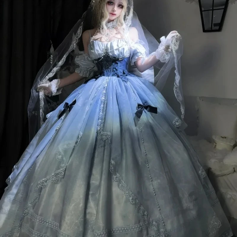 High Waist Slim Fit Blue Lolita Dress - Japanese Sweet Fairy Princess Costume, Long Puffy Evening Gown for Birthday Wedding 2026 view 3