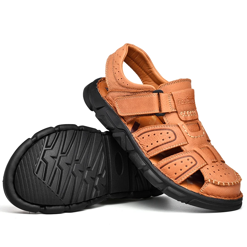 Men Genuine Leather Sandals Summer Men Shoes Open-Toed Slippers Soft Sandal Men Roman Comfortable Outdoor Beach Walking Footwear