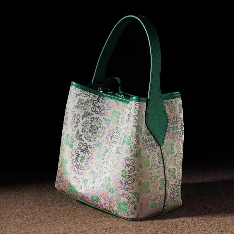 Literary Popular Chinese Style New Song Jin Bucket Women Bag National Four-in-one Flower Purple Green Shoulder Messenger Pack