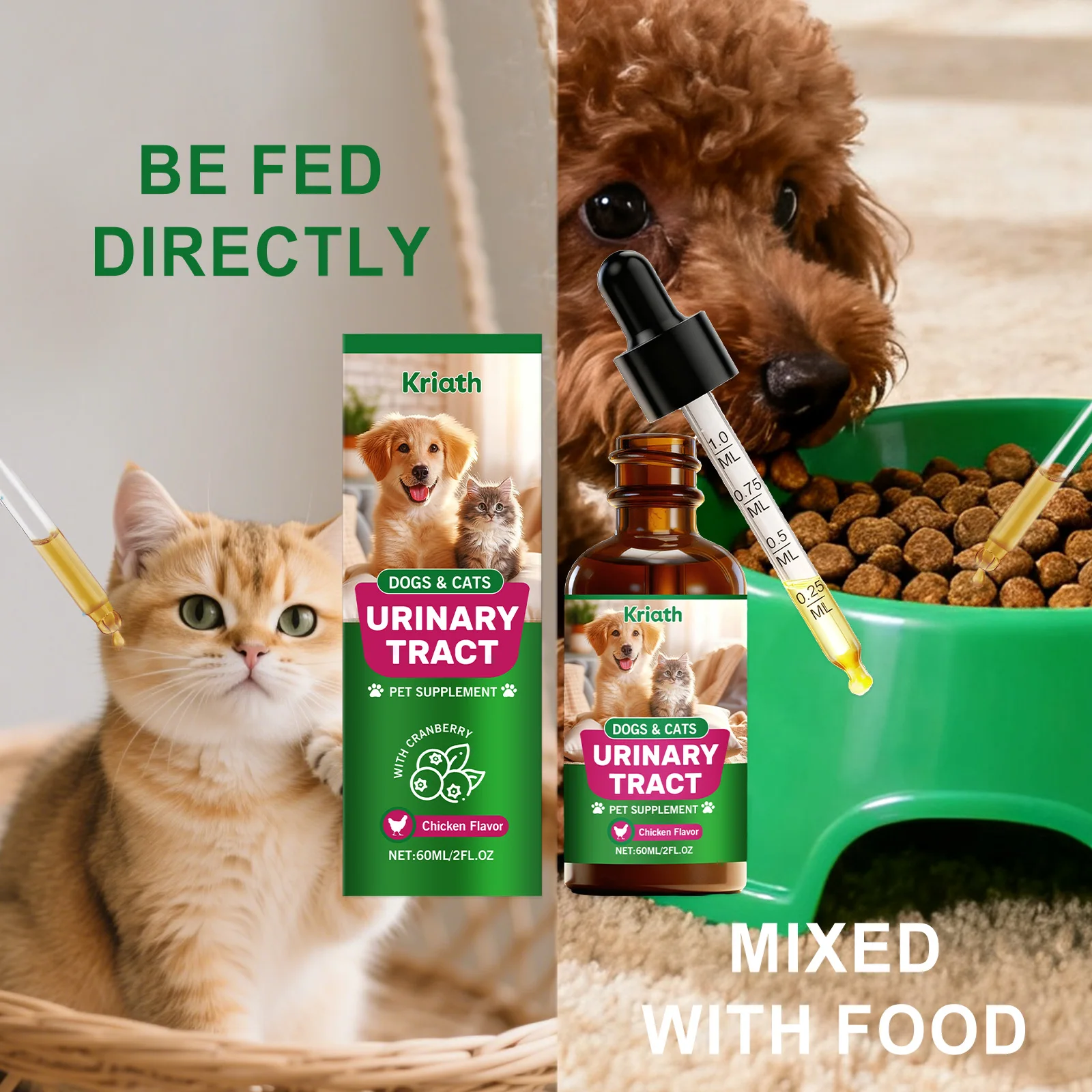 Gotas de Cuidado Dual para Mascotas, Fórmula Suave con Sabor a Pollo, Bálsamo para el Confort Corporal de Perros y Gatos, Cuidado del Tracto Urinario, Refuerzo de la Salud de las Mascotas