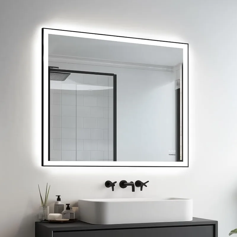 32x40 LED Bathroom Mirror W/Aluminum Frame(Front& Backlit), Built-in on/Off Control& Stepless Dimmable 3 Color Light