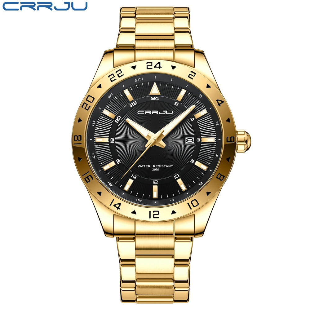 CRRJU Men Watch Stainless Steel Top Quailty Luxury Push Button Hidden Clasp Waterproof Luminous Date Week Sport Wrist Watches