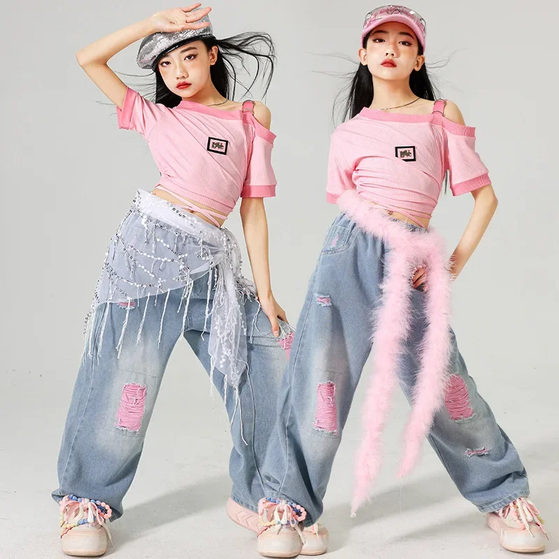 Mädchen K-pop Sets Süße Crop Top Rosa Jeans Hip Hop Kleidung Kinder Jazz Zerrissene Denim Hosen Kinder Streetwear Street Dance kostüm