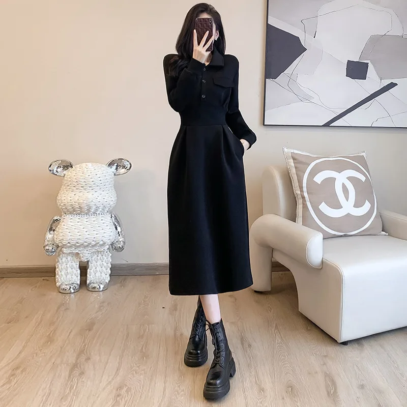 

Black Elegant Casual Long Sleeve Dress Women, Autumn Waist-Cinching Slimming French Style Long Dress with High-End Hepburn F