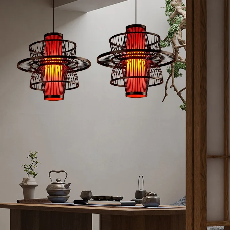 

Ретро ручная бамбуковая люстра-Zen Style Красная бамбуковая люстра Азиатский современный подвесной светильник для освещения кафе, отеля, магазина