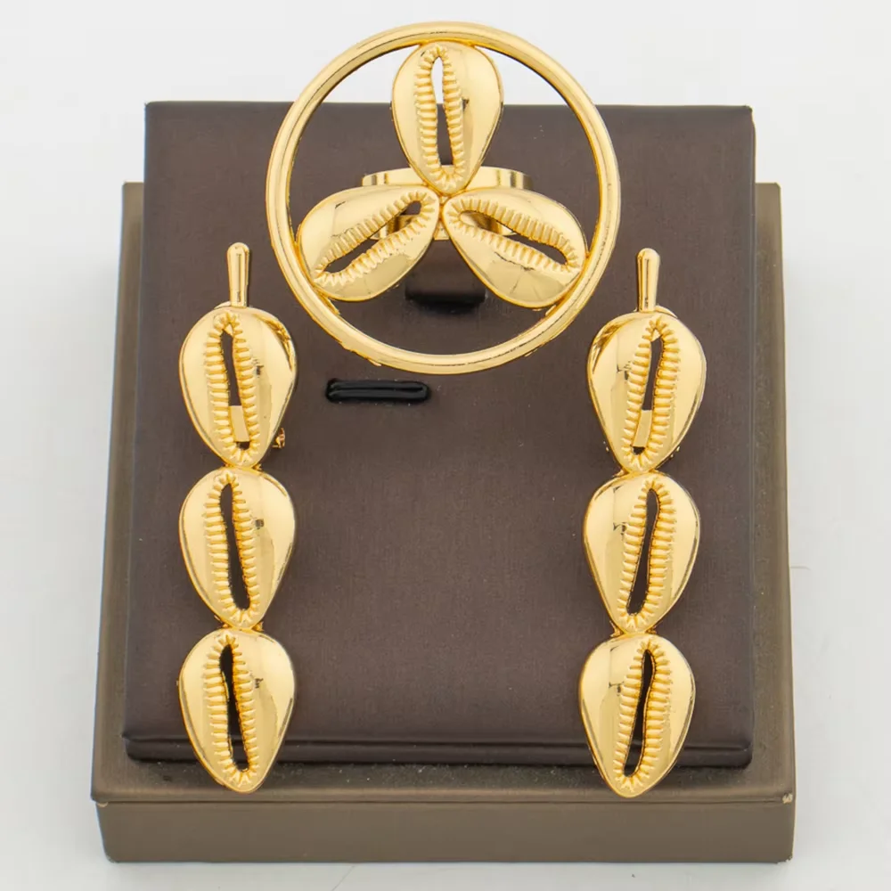 Damen 18K vergoldetes Muschel-Ohrring- und Ring-Set, afrikanisches ethnisches Statement-Schmuckset, Geschenk für Party und Hochzeit – Detail 1