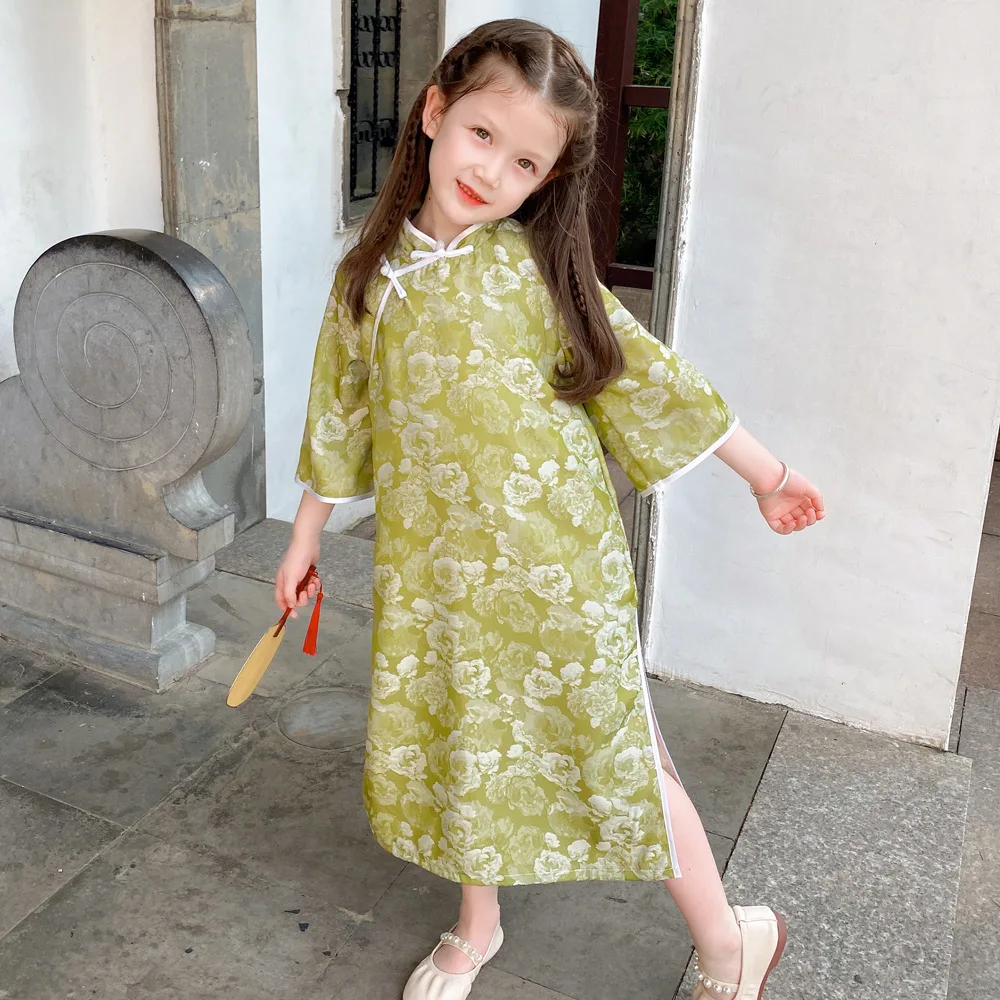 

Half Sleeves Qipao For Girls Summer Floral Long Dress 3-10 Years Teenager Chinese Style Cheongsam Traditional Ethnic Costumes