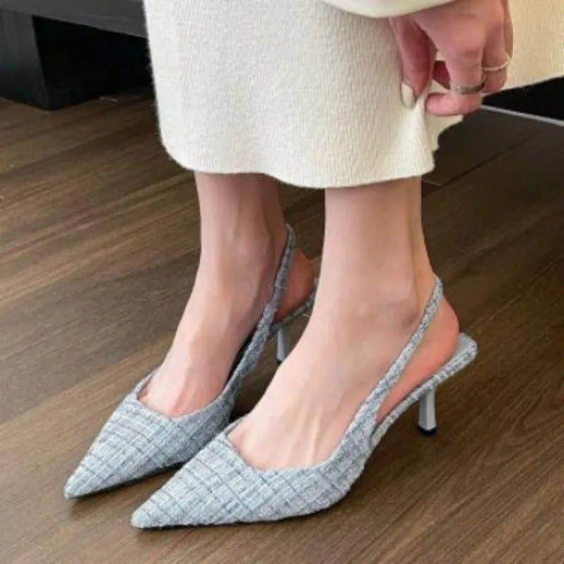 

New Style Sea Salt Blue Pointed High Heel Sandals for Women Back Hollow Half Headed Single Shoes Fashion Versatile Casual Shoes