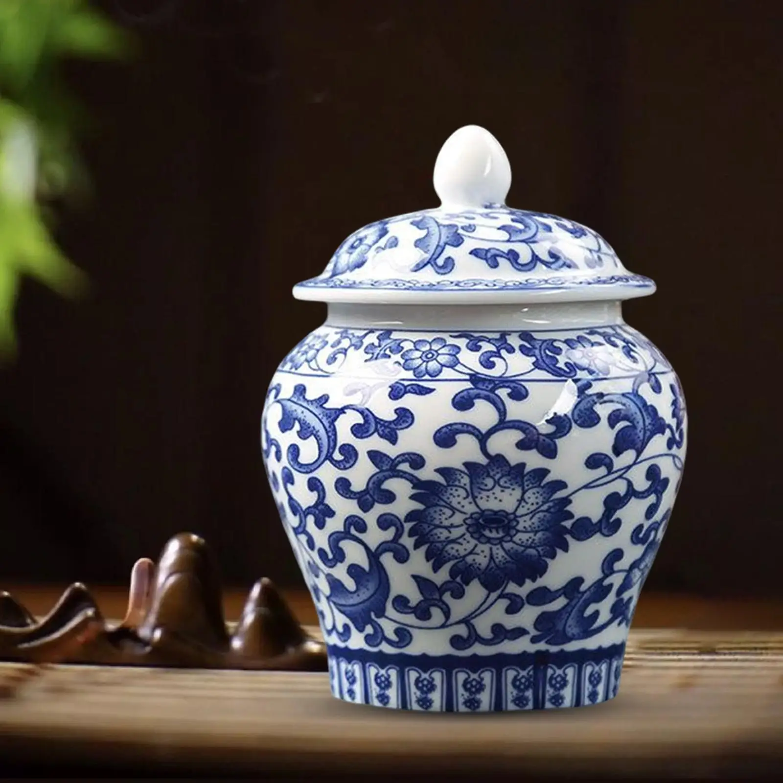 Blue White Porcelain Decorative Temple Jar Vase with Lid with Fine Glaze Finish Kitchen Decor