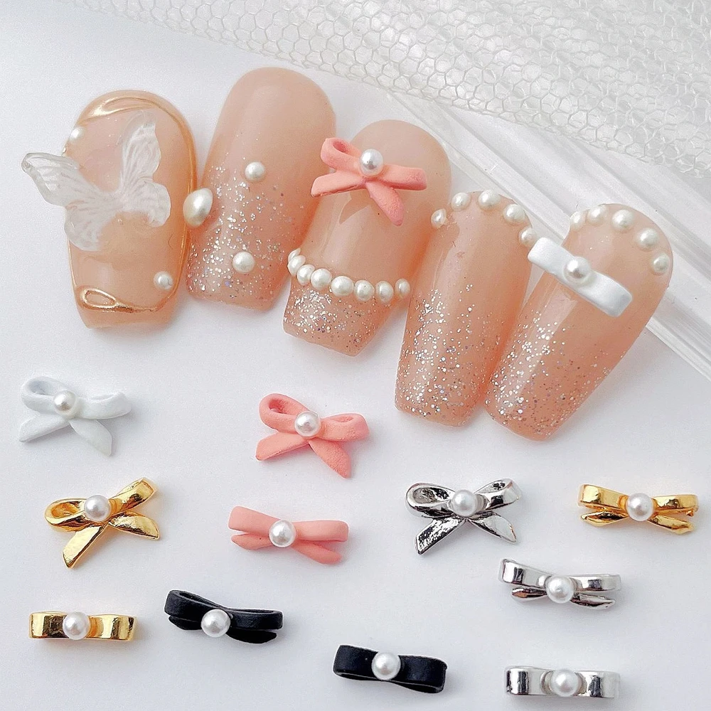10PCS 3D Metal Ballet Shoes Pearl Ribbon Bowknot Nail Charms Kawaii French Bow Nails Decoration Supplies Jewelry Accessories