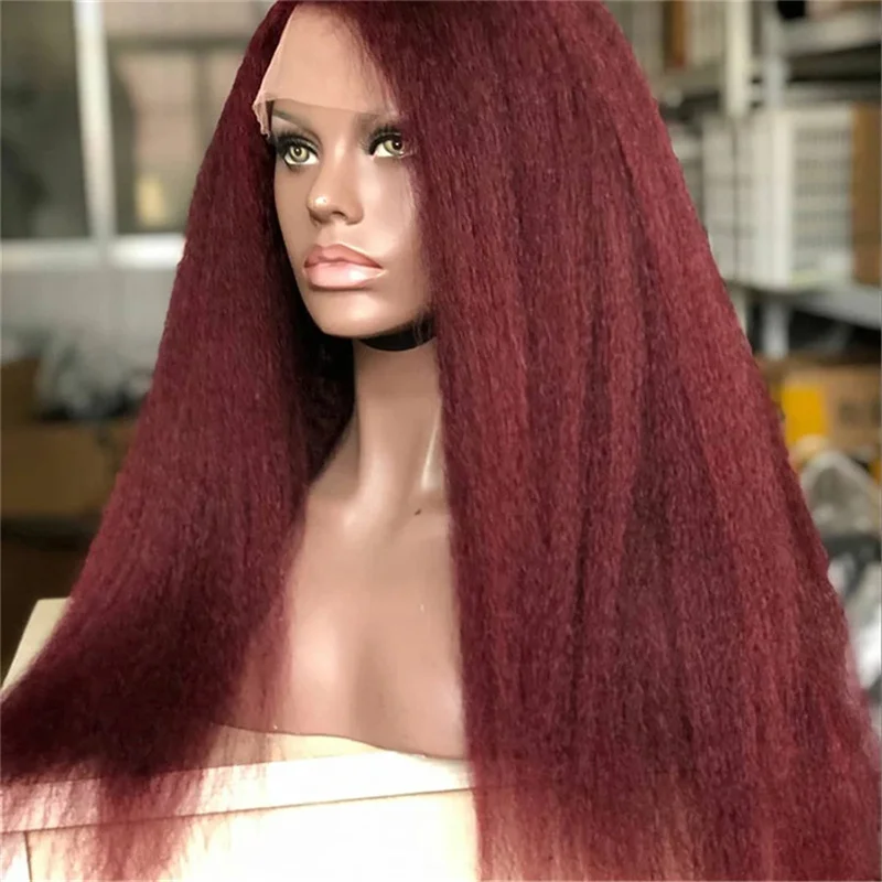 Rambut palsu Yaki Kinky renda lurus 30 inci panjang merah marun tanpa lem untuk rambut sintetis anggur sehari-hari WANITA HITAM