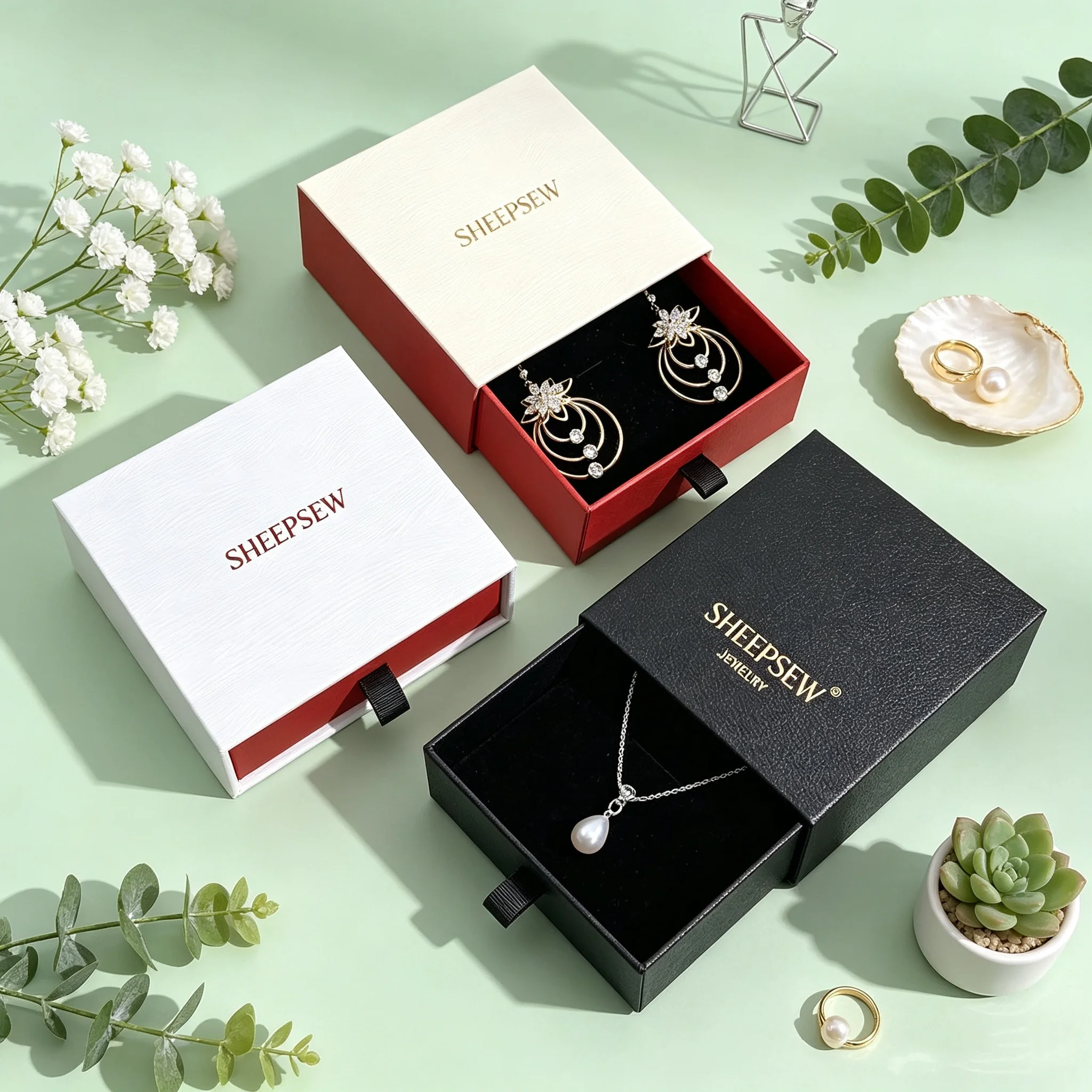 50pcs Sheepsew Custom Eco-Friendly Jewelry Box Recyclable Drawer-Style White Red Paper Box with Velvet Insert Foam Base for Gift