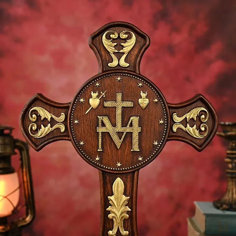 Vintage Solid Wood Cross Miracle Double-sided Carving Crafts Church Holy Wall Hanging Decoration