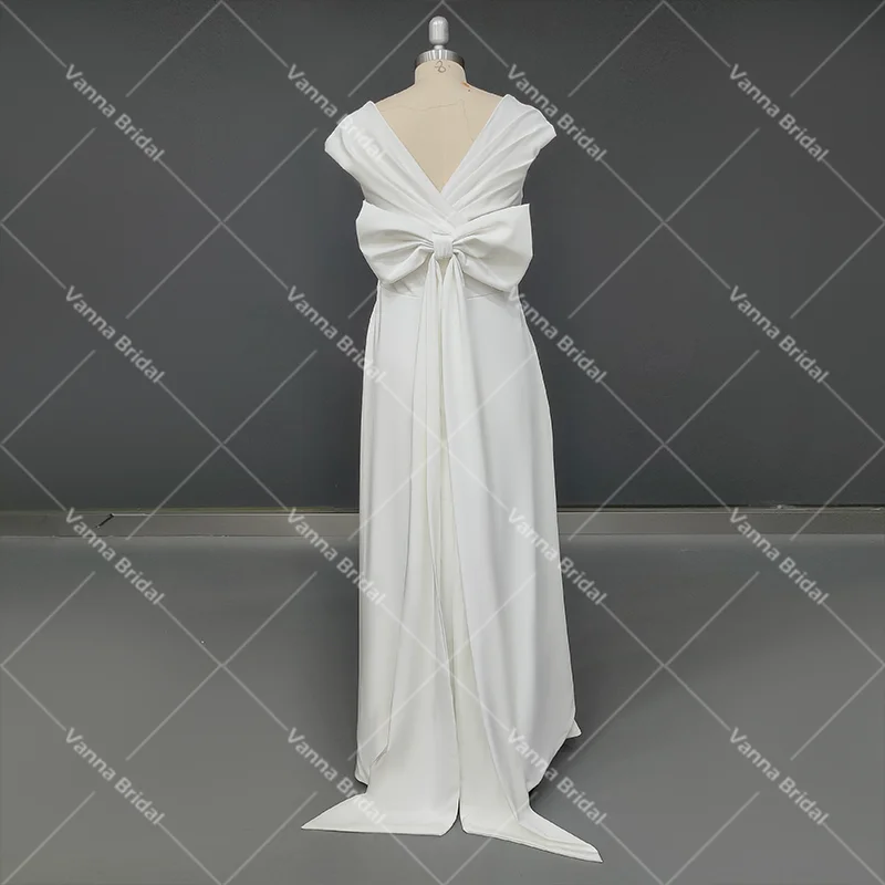 V Neck Short Sleeves Bow Train Wedding Dress Real Photos Customized Ruched Soft Satin Cutout Twist Backless Bridal Gowns