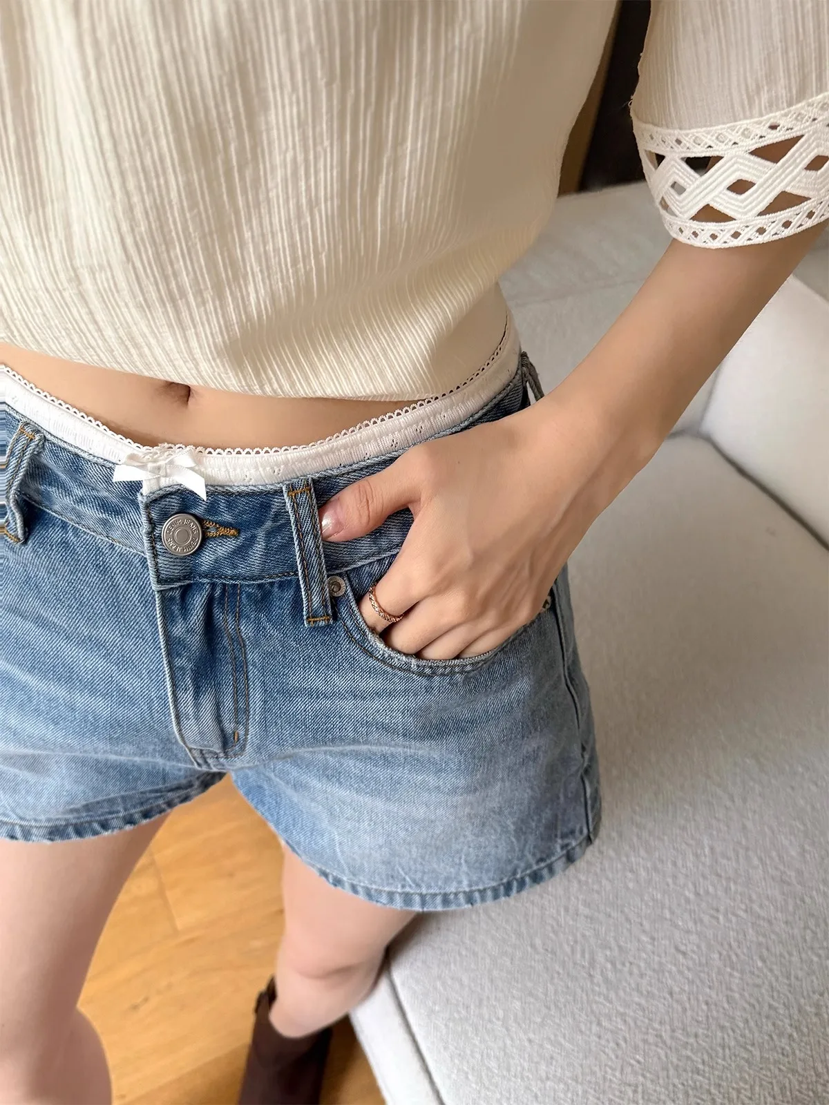 

Джинсы Waed Denim с завязками и кружевом, прямые, повседневные, женские, хлопковые, эластичные, на молнии, с высокой талией, весна-лето