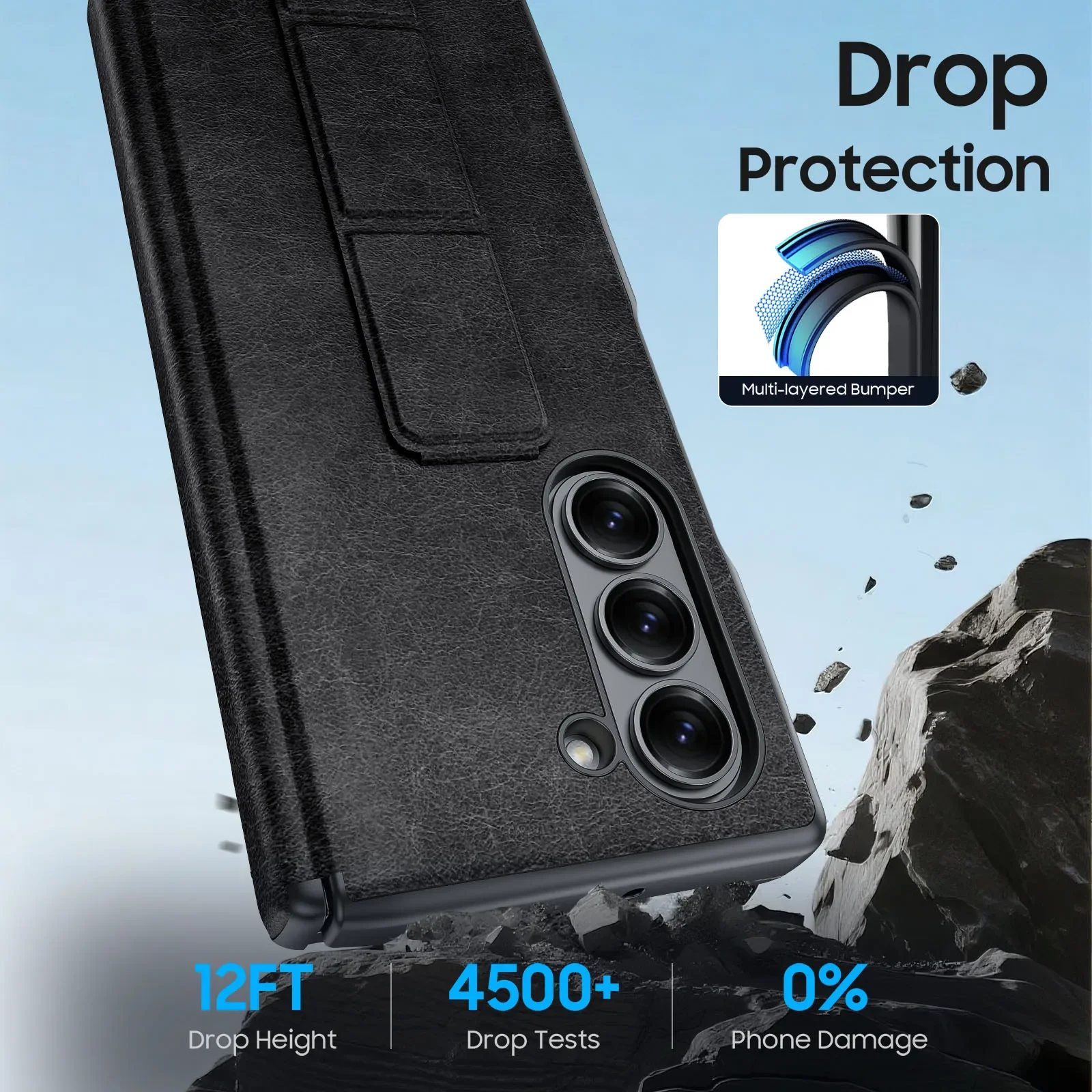 With[2 Pack Screen Protector][Hold Strap][Hinge Cover]Shockproof Leather Protective Phone Case for Galaxy Z Fold 6/7-Retro Black