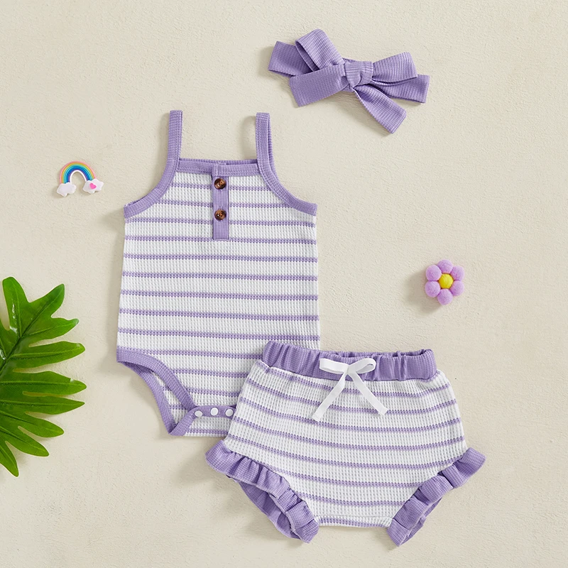 Citgeett Summer Infant Baby Girl Shorts Set Striped Half Button Spaghetti Strap Romper Ruffle Shorts Tie-up Headband Outfit