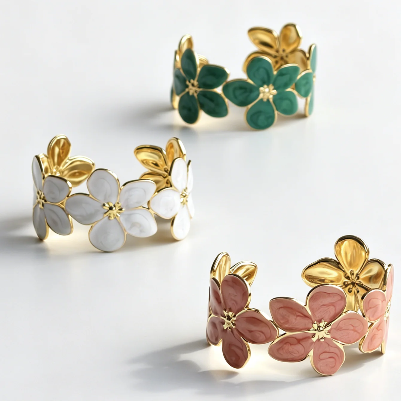 Artsy Vibrant Enamel Flower Cuff Bracelet Elegant Gold Floral Bangle Sophisticated High Street Statement Jewelry Chic Marbled