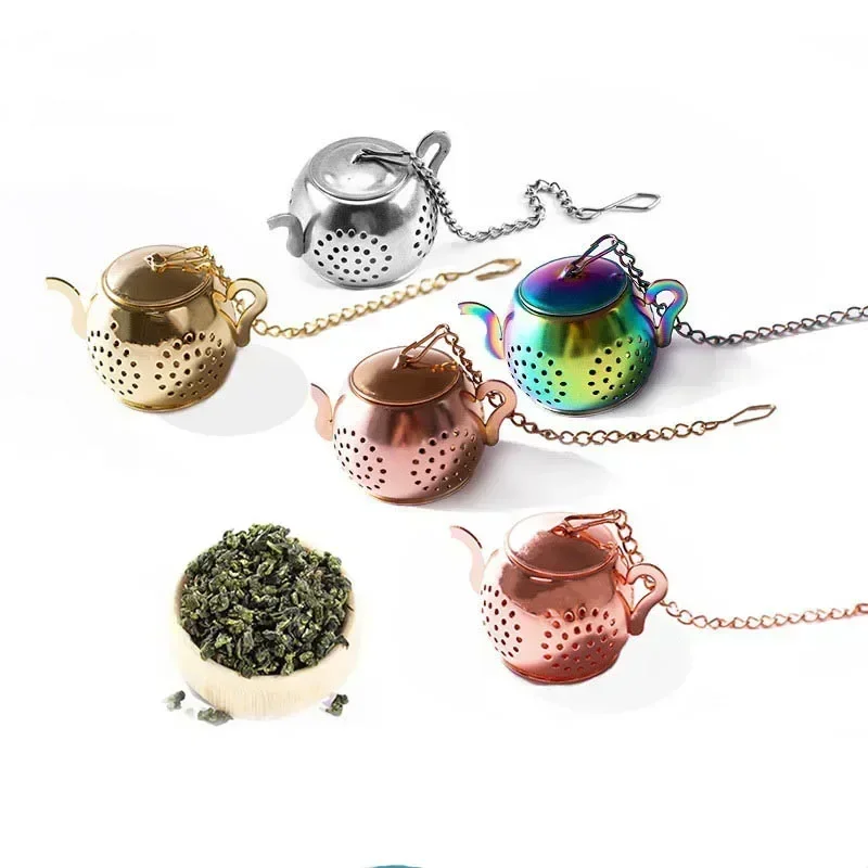 Metal Tea strainer Teapot Shape Loose Tea Infuser Stainless Steel Leaf Tea Maker Strainer Chain Drip Tray Herbal Spice Filter