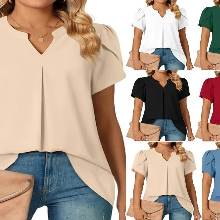 

Ele Commuting irt with Petalike Details Straight Cut Bubble Sve ort Sve V Ne Pure Color Versatile Women's irt